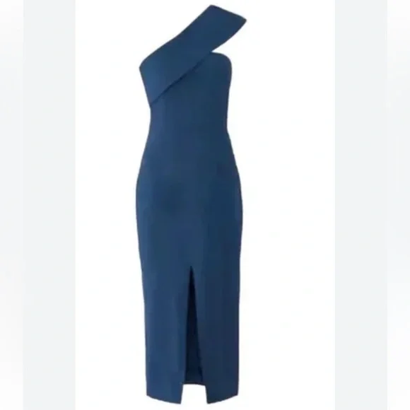 Yum KimThat One Shoulder Midi DressMedium Navy Front slit Body-con Style
